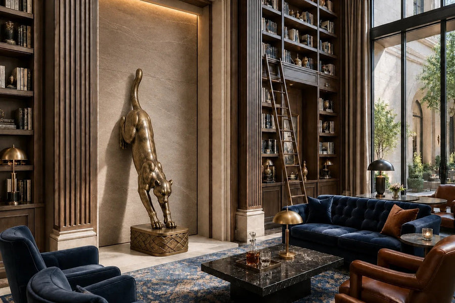 Wathba 150 — 150 cm antique brass wall sculpture of a panther stepping down onto a woven plinth, placed in a furnished room