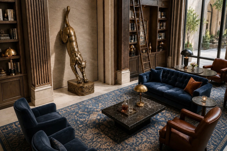 Wathba 150 — 150 cm antique brass wall sculpture of a panther stepping down onto a woven plinth, seen from above in the room