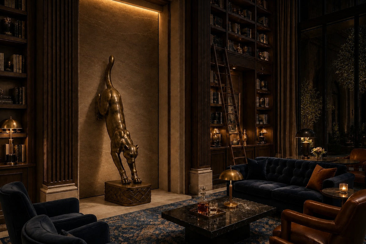 Wathba 150 — 150 cm antique brass wall sculpture of a panther stepping down onto a woven plinth, the same room at night, lamps on