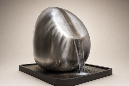 Yaku stainless steel water feature by 1-OPH, asymmetric bead-blasted boulder