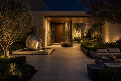Yaku stainless steel water feature by 1-OPH lit at night in an arrival court