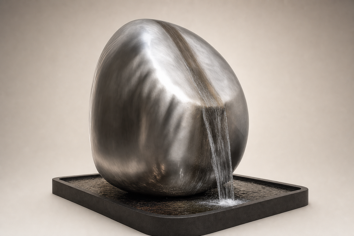 Yaku stone fountain, three-quarter studio view showing its profile and base