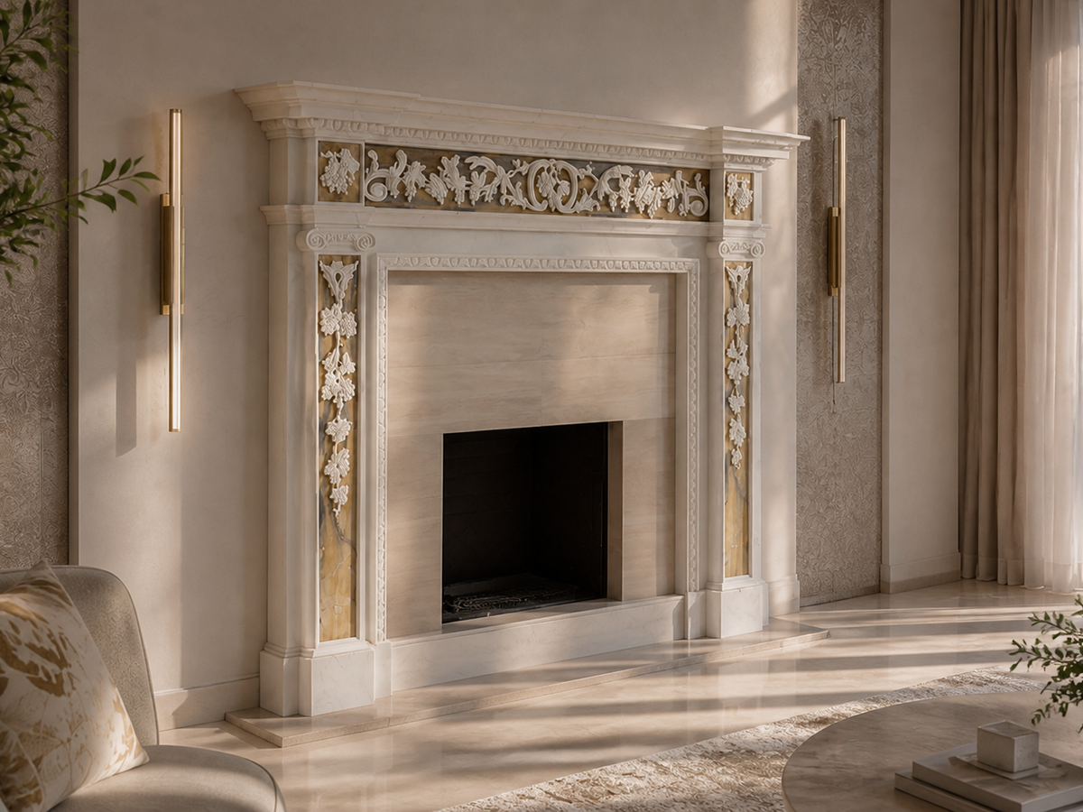 Yasmin fireplace, close detail of the material and edge