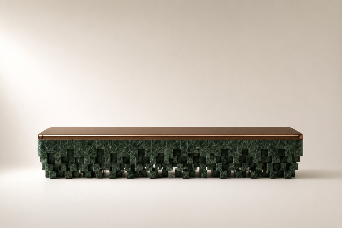 Yasumi 180 marble sculptural bench, studio view of the whole piece