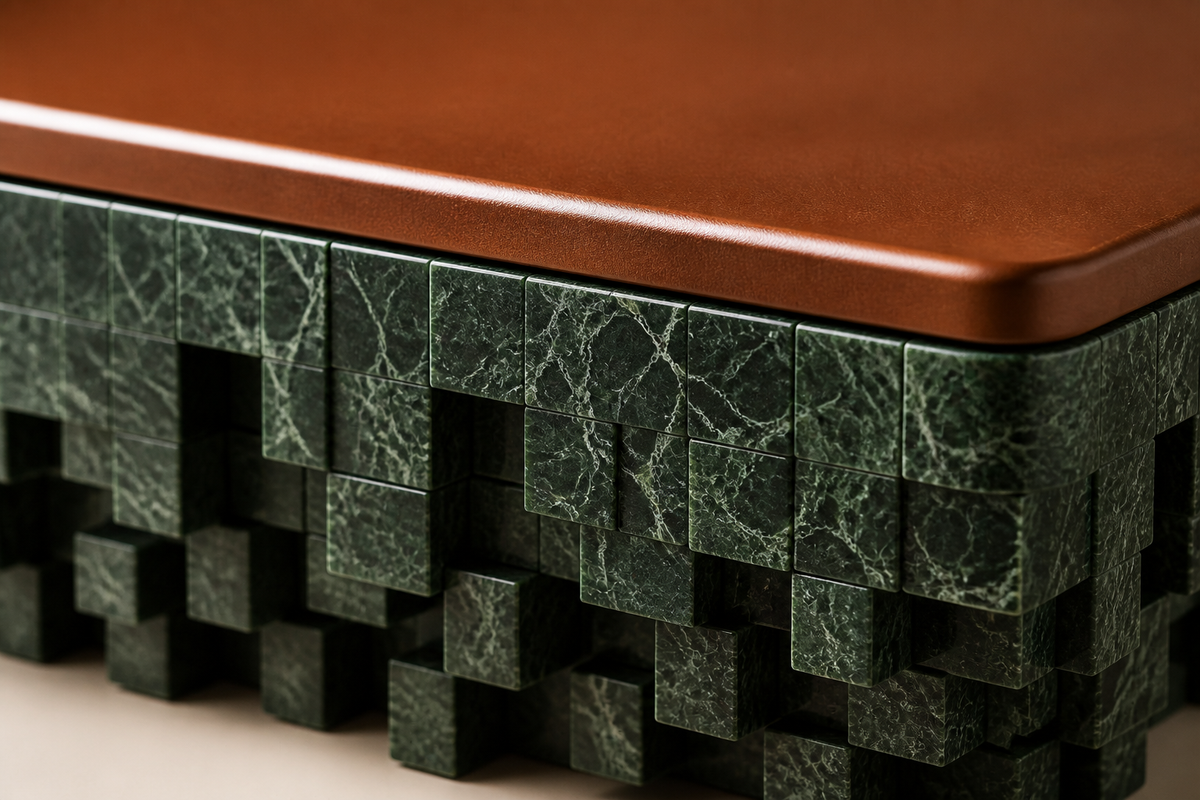 Yasumi 180 marble sculptural bench, close studio detail of the surface and material