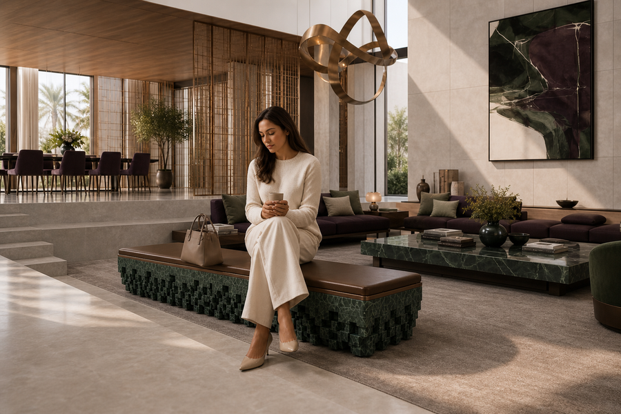 Yasumi 180 marble sculptural bench, shown in a room setting, at full scale