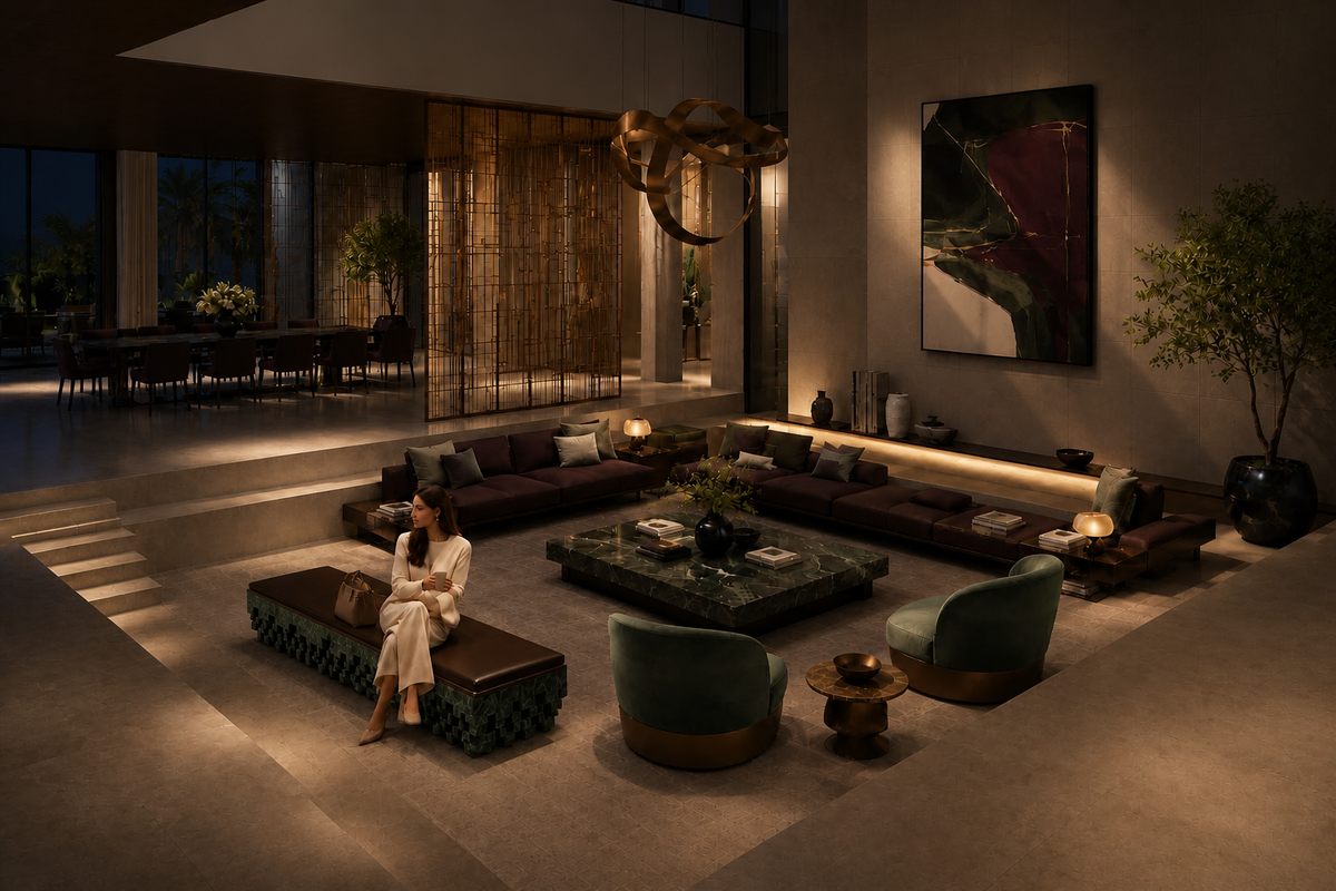 Yasumi 180 marble sculptural bench, in a room setting under evening light