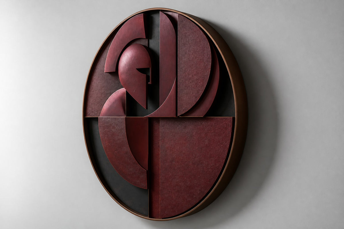 Yelmo — oxblood and black round metal wall relief with a warrior's helm, studio side angle showing its depth
