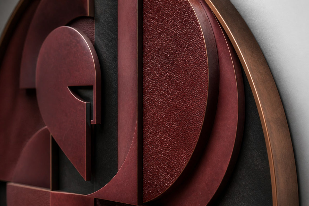 Yelmo — oxblood and black round metal wall relief with a warrior's helm, close detail of the surface and edge