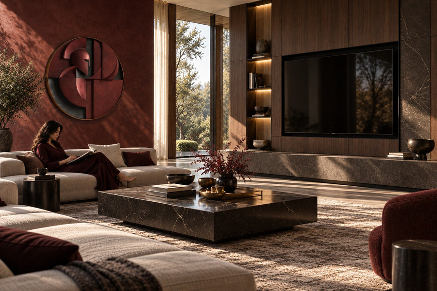 Yelmo — oxblood and black round metal wall relief with a warrior's helm, installed on the wall of a furnished room