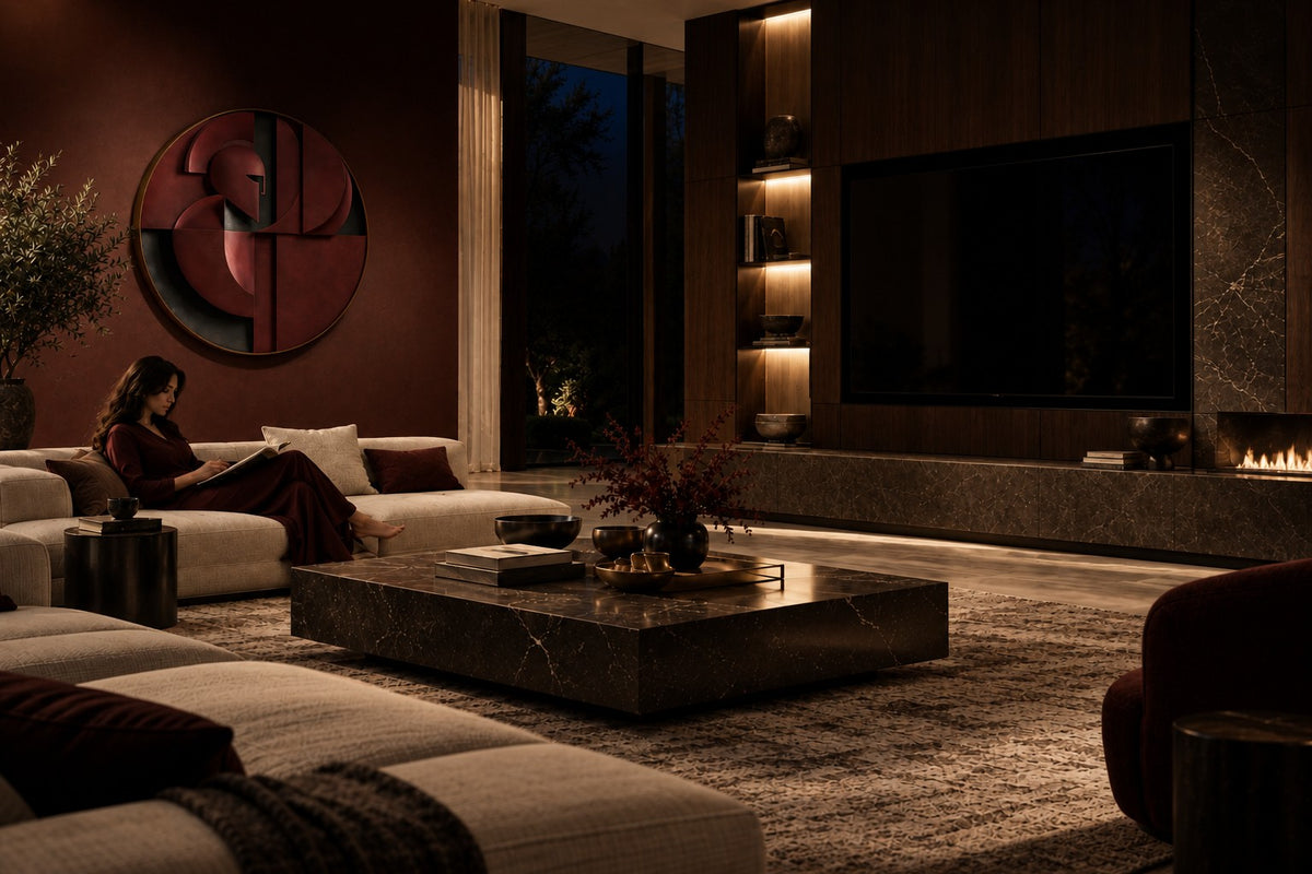 Yelmo — oxblood and black round metal wall relief with a warrior's helm, the same room at night, lamps on