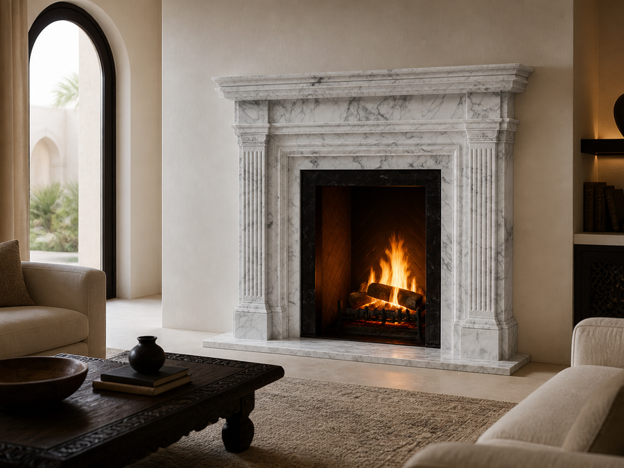 Yuki fireplace, shown in a room setting