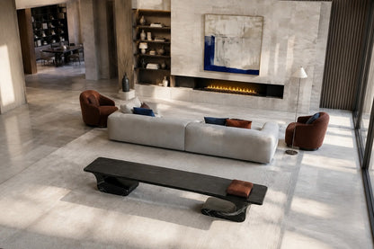 Black stone bench Yutori 180, deep black with white veining, on a pale stone floor.