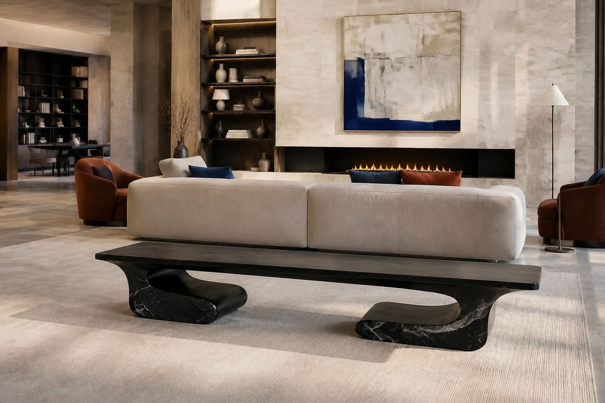 Black stone bench Yutori 180, deep black with white veining, on a pale stone floor.