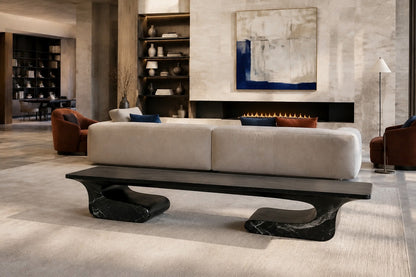 Black stone bench Yutori 180, deep black with white veining, on a pale stone floor.