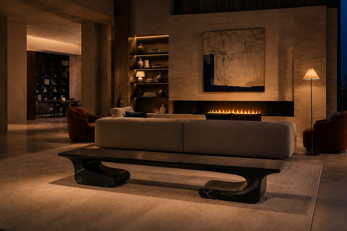 Black stone bench Yutori 180, deep black with white veining, on a pale stone floor.