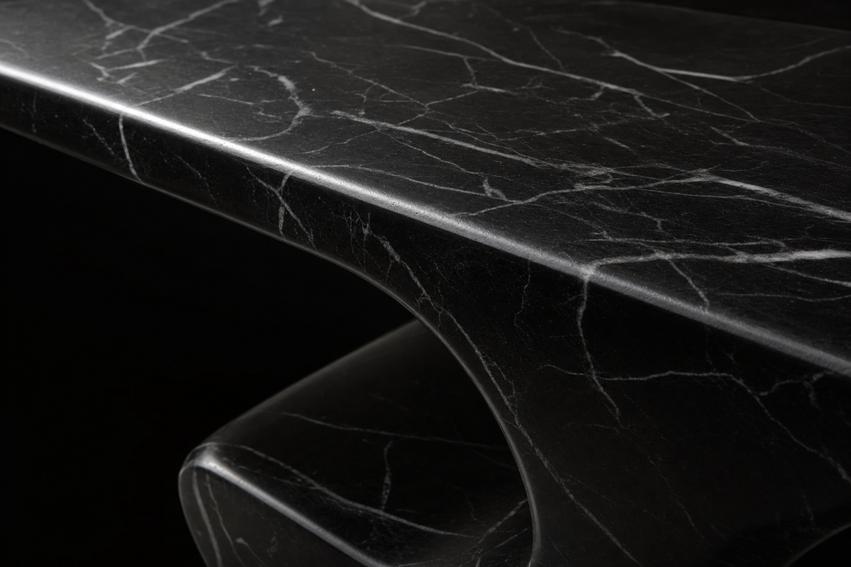 Yutori 180 stone sculptural bench, close studio detail of the surface and material