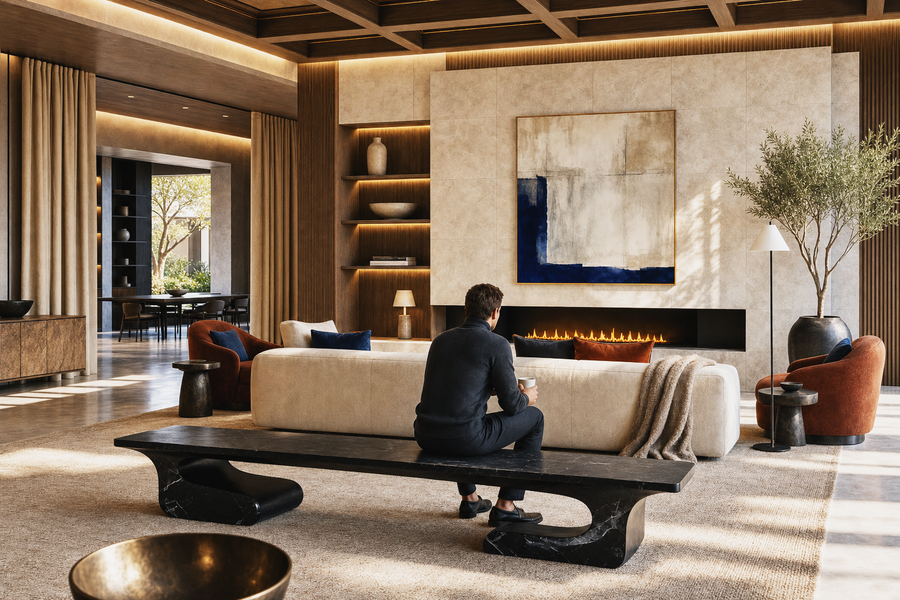 Yutori 180 stone sculptural bench, shown in a room setting, at full scale