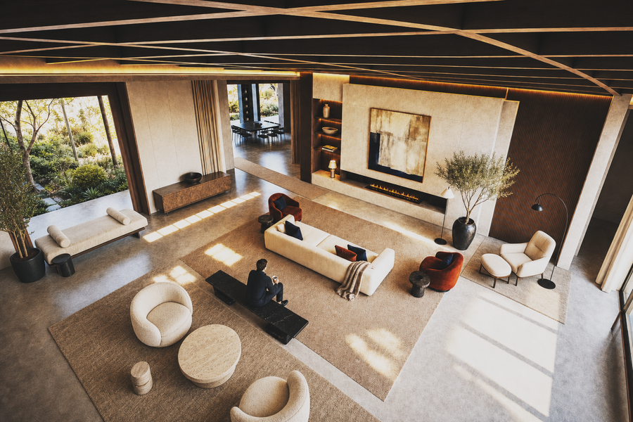 Yutori 180 stone sculptural bench, overhead view in a room setting