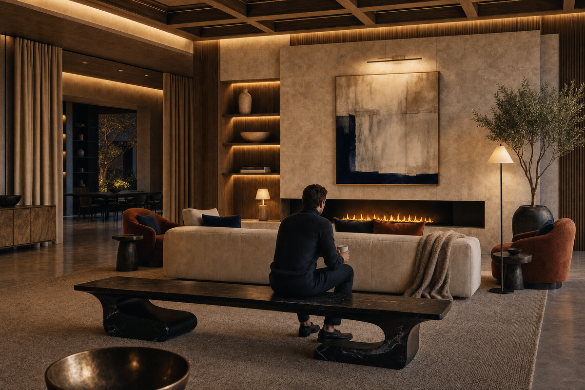 Yutori 180 stone sculptural bench, in a room setting under evening light