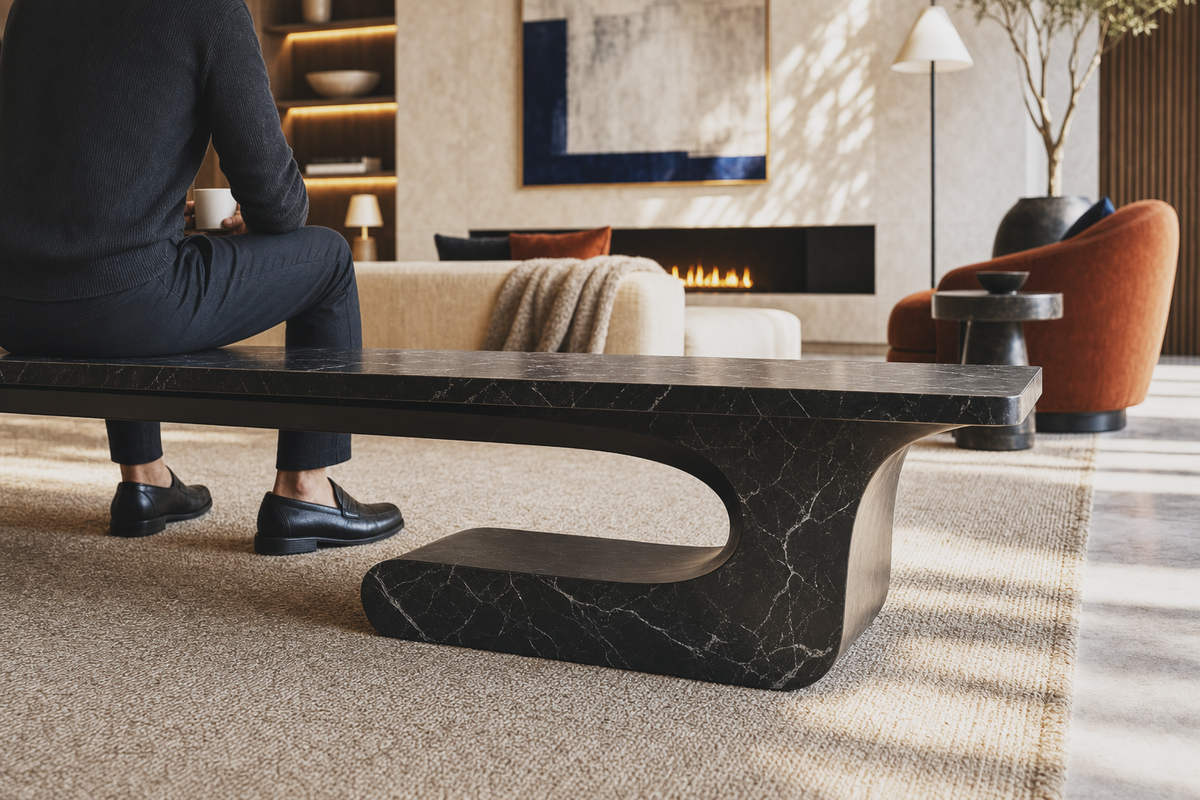 Yutori 180 stone sculptural bench, close view of the form in its setting