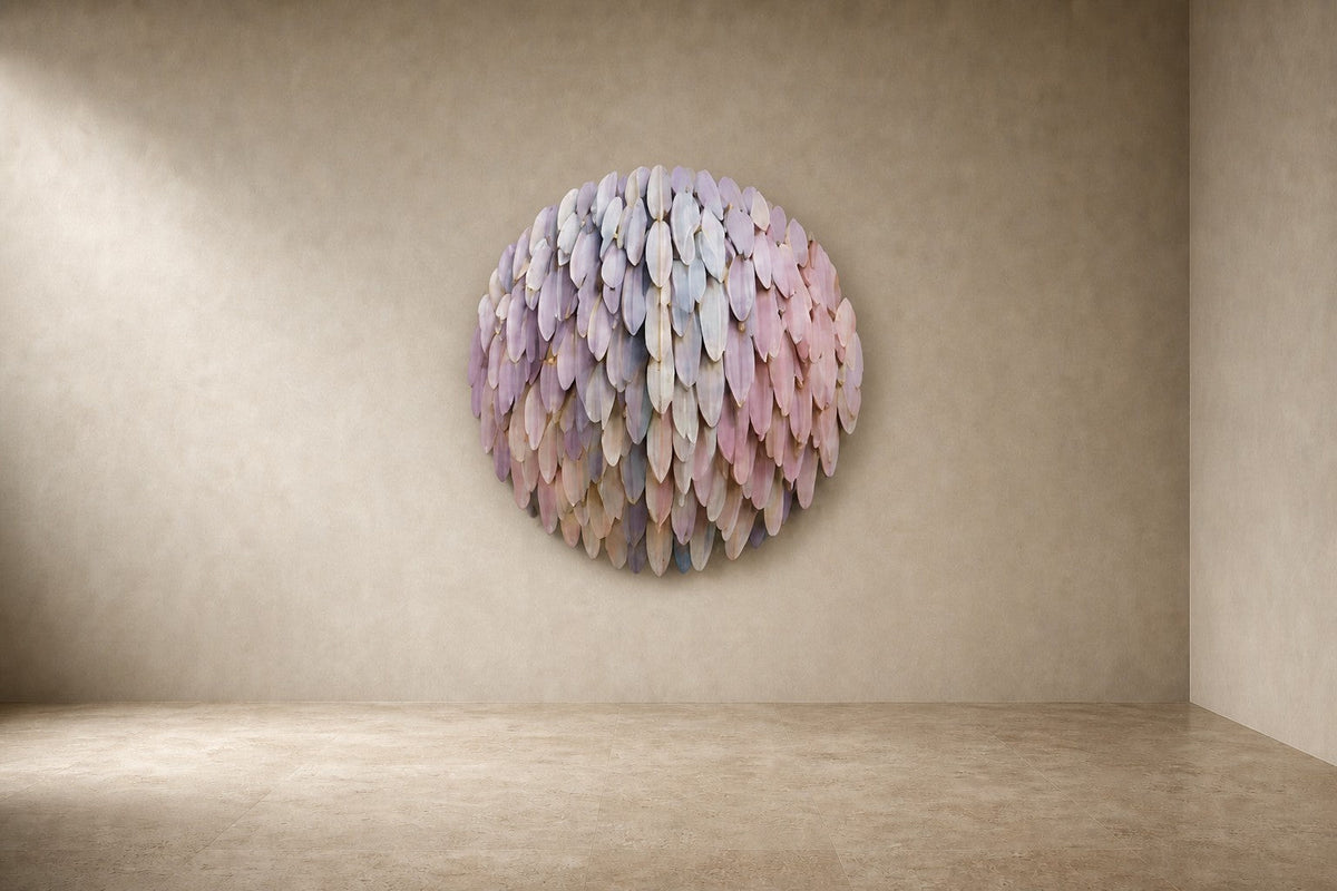 Zahran — Ø 120 cm round wall sculpture of overlapping petals in lilac, cream and blush, studio view of the whole piece