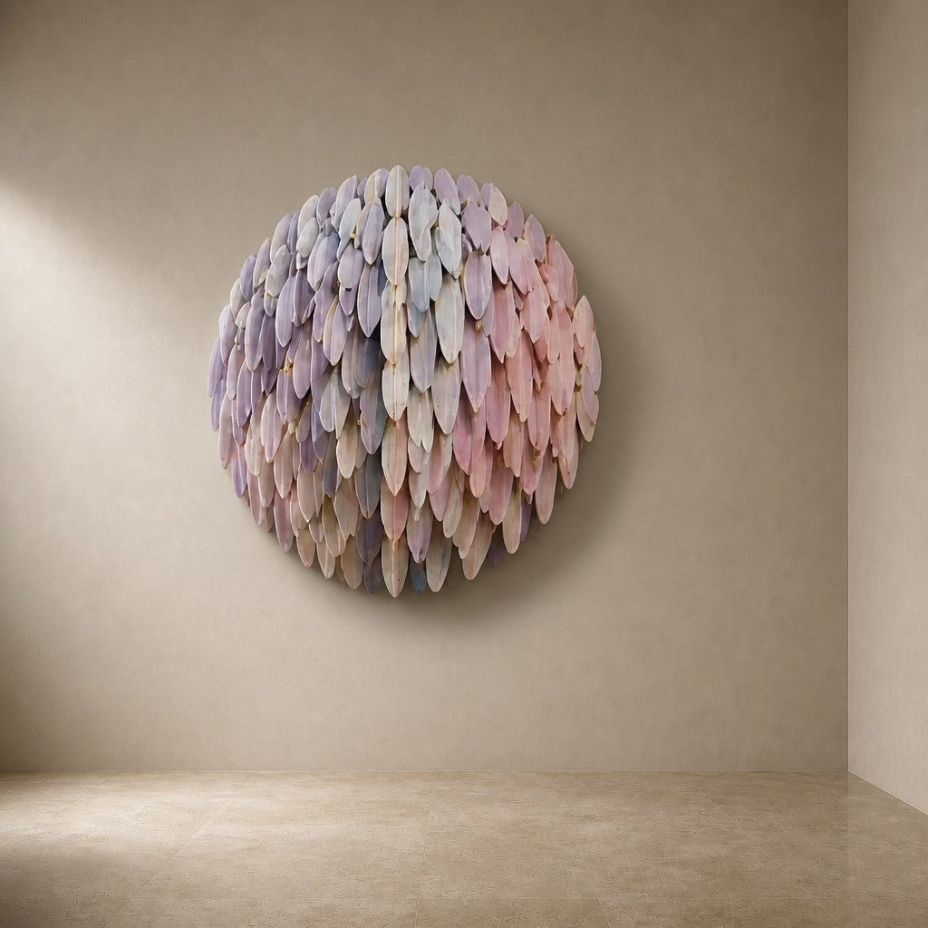 Zahran — Ø 120 cm round wall sculpture of overlapping petals in lilac, cream and blush, three-quarter studio view showing its profile