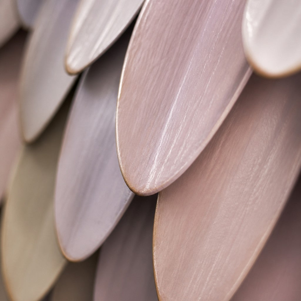 Zahran — Ø 120 cm round wall sculpture of overlapping petals in lilac, cream and blush, close studio detail of the surface and material