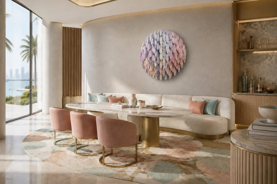 Zahran — Ø 120 cm round wall sculpture of overlapping petals in lilac, cream and blush, placed in a furnished room