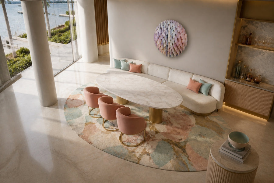 Zahran — Ø 120 cm round wall sculpture of overlapping petals in lilac, cream and blush, seen from above in the room