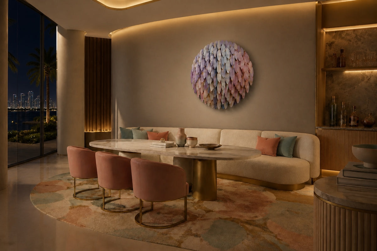 Zahran — Ø 120 cm round wall sculpture of overlapping petals in lilac, cream and blush, the same room at night, lamps on