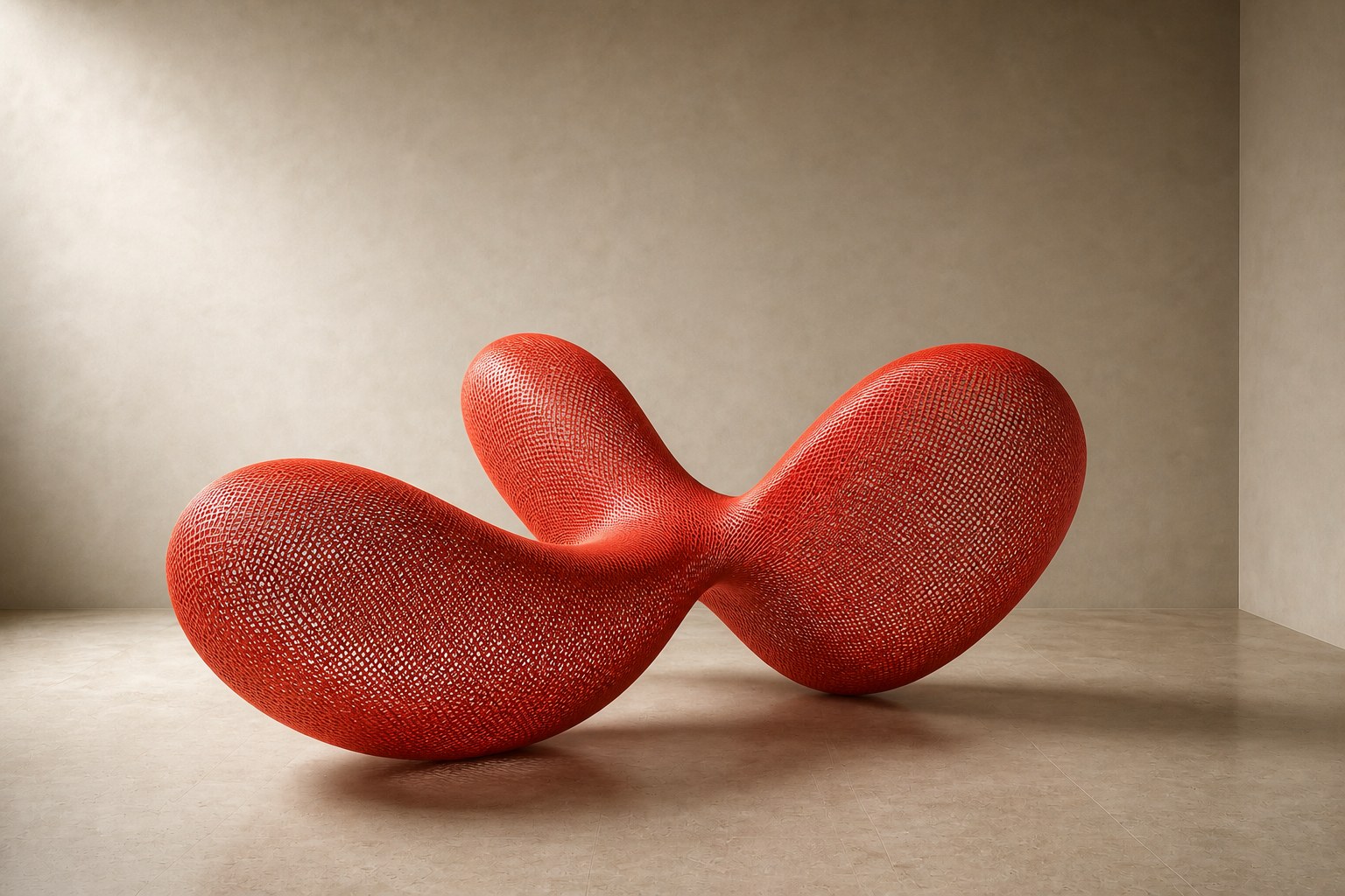 Coral red woven wire sculpture Zaurak, two full lobes drawn together through a narrow twist at the centre.
