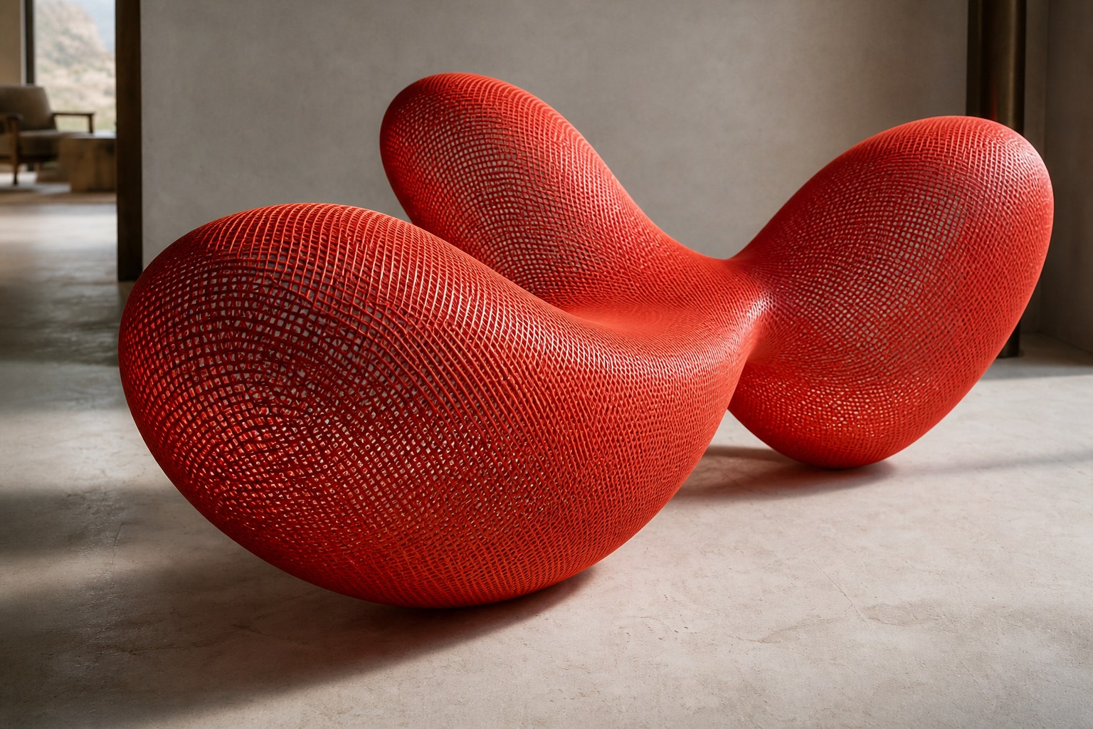 Coral red woven wire sculpture Zaurak, two full lobes drawn together through a narrow twist at the centre.