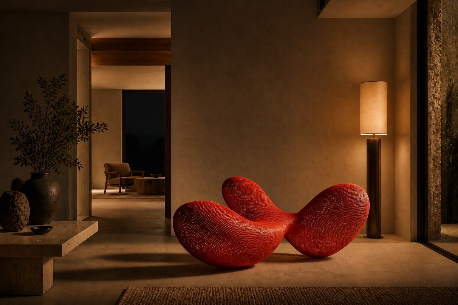Coral red woven wire sculpture Zaurak, two full lobes drawn together through a narrow twist at the centre.