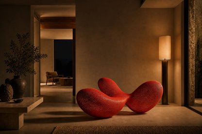 Coral red woven wire sculpture Zaurak, two full lobes drawn together through a narrow twist at the centre.