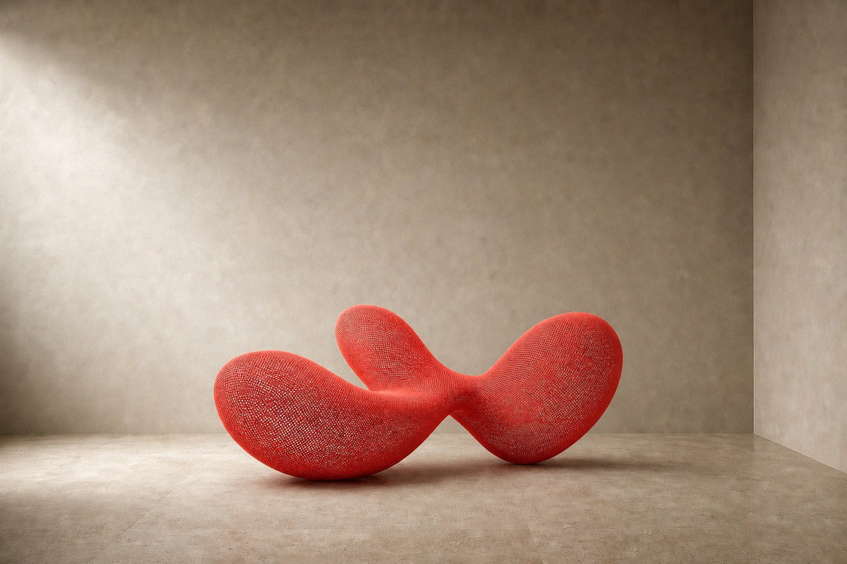 Coral red woven wire sculpture Zaurak, two full lobes drawn together through a narrow twist at the centre.