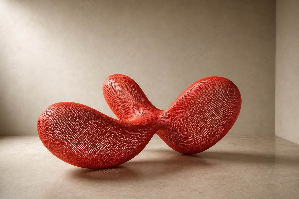 Coral red woven wire sculpture Zaurak, two full lobes drawn together through a narrow twist at the centre.
