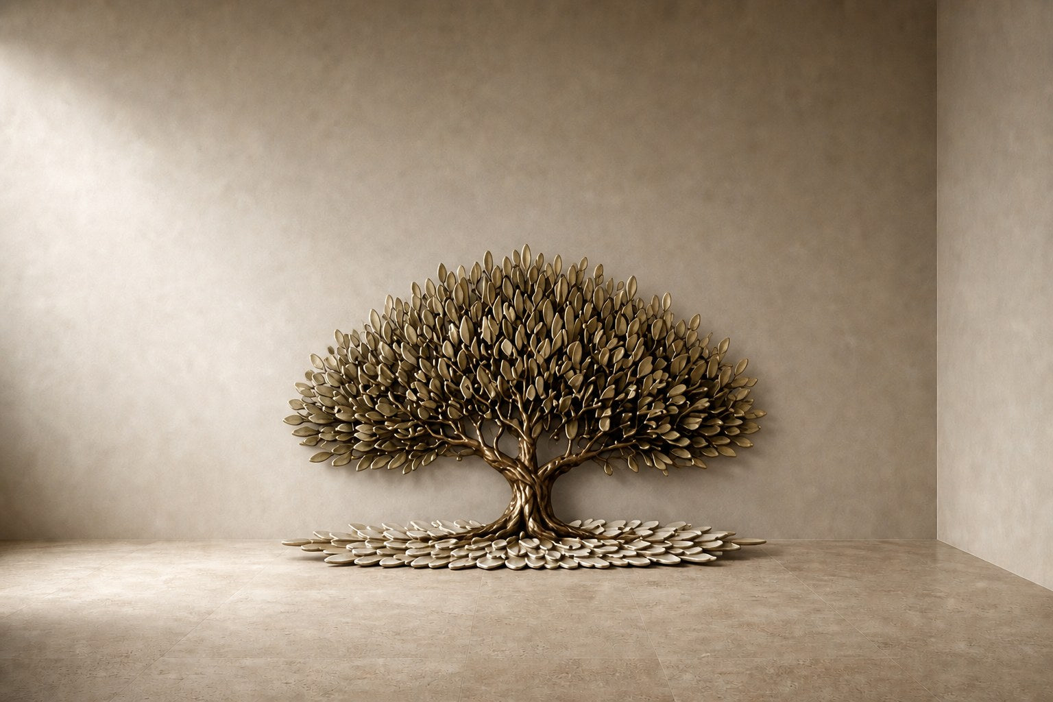 Metal olive tree in relief with a layered canopy and a drift of fallen leaves at its base.