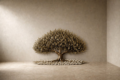 Metal olive tree in relief with a layered canopy and a drift of fallen leaves at its base.