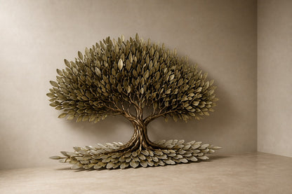 Metal olive tree in relief with a layered canopy and a drift of fallen leaves at its base.