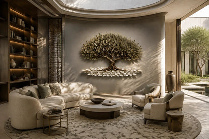 Metal olive tree in relief with a layered canopy and a drift of fallen leaves at its base.