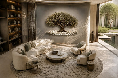 Metal olive tree in relief with a layered canopy and a drift of fallen leaves at its base.