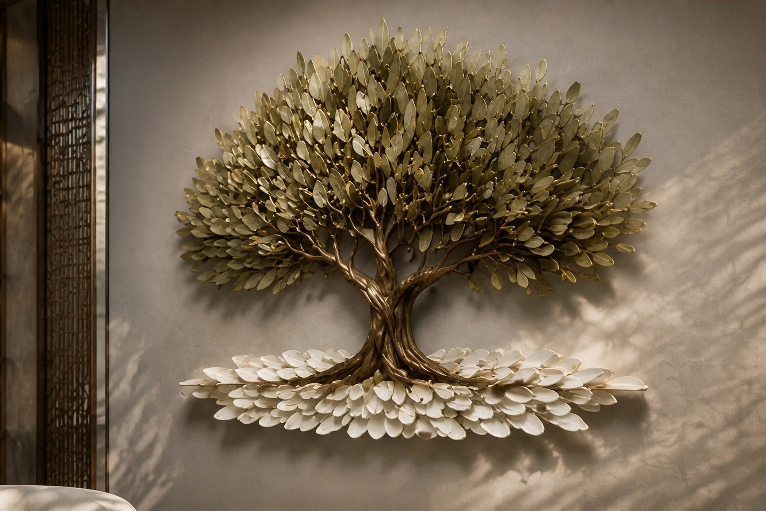 Metal olive tree in relief with a layered canopy and a drift of fallen leaves at its base.