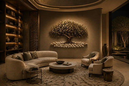 Metal olive tree in relief with a layered canopy and a drift of fallen leaves at its base.