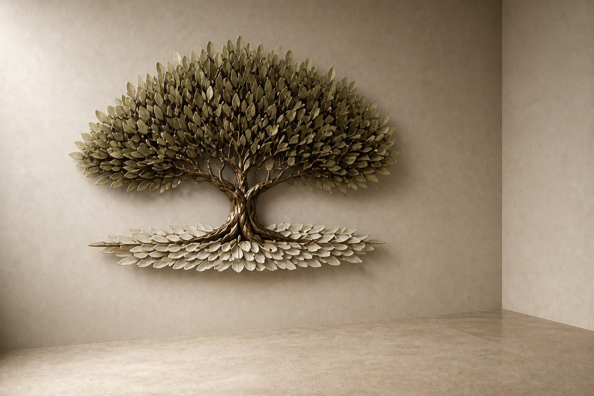 Zaytuna — 180 × 140 cm brass wall sculpture of an olive tree with a spreading canopy, three-quarter studio view showing its profile