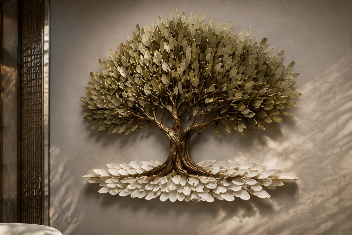 Zaytuna — 180 × 140 cm brass wall sculpture of an olive tree with a spreading canopy, close view in the room