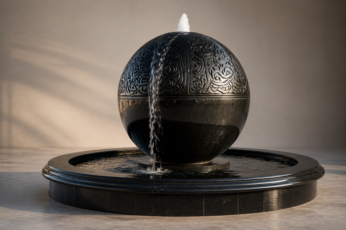 Zenith stone sphere fountain, three-quarter studio view showing its profile and base
