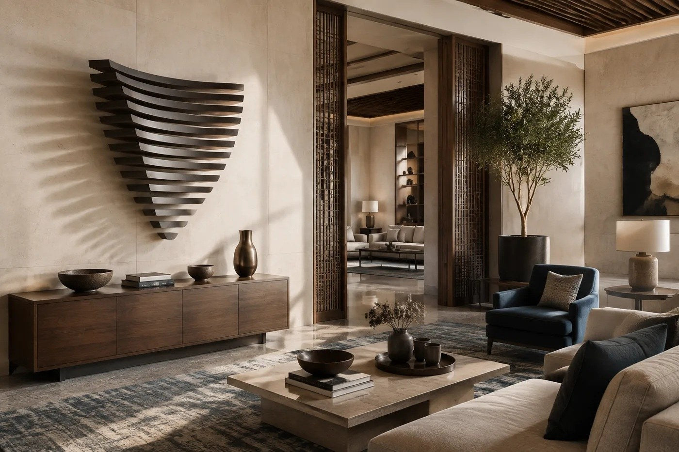 Stacked curved bronze blades tapering downward to a point, mounted on a plaster wall.