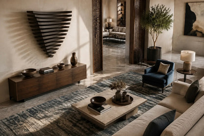 Stacked curved bronze blades tapering downward to a point, mounted on a plaster wall.