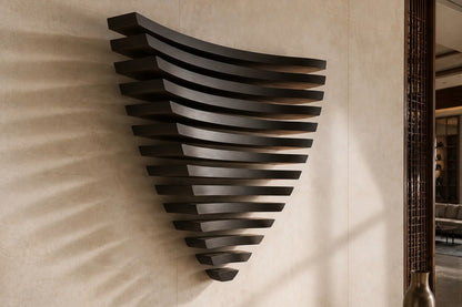 Stacked curved bronze blades tapering downward to a point, mounted on a plaster wall.